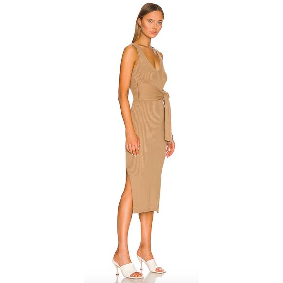 Good American Rib Knit Tie Waist Midi Dress in Taupe Large - Picture 3 of 11